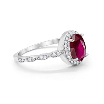 Oval Engagement Ring Halo Bridal Simulated Ruby CZ 925 Sterling Silver